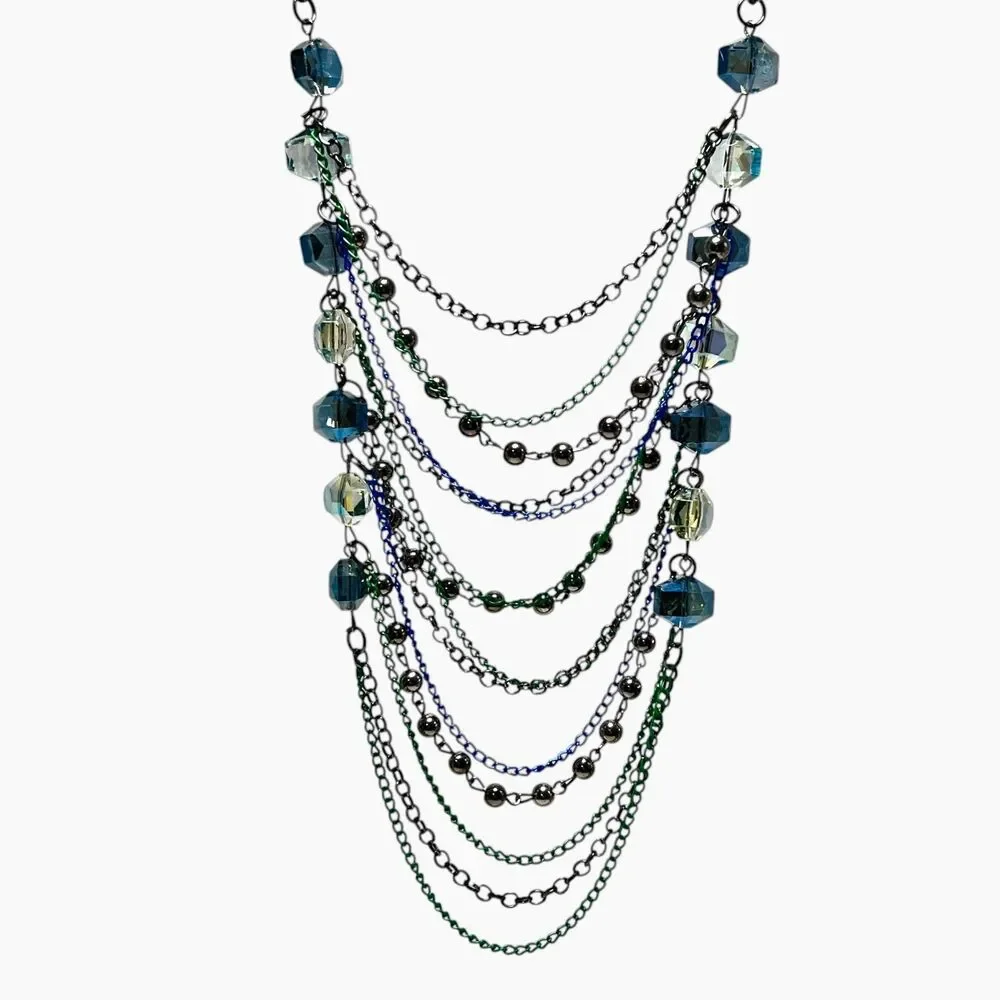 Aurora Borealis Crystal Layered Chains Necklace Chunky Beads Bib Punk Goth Sexy